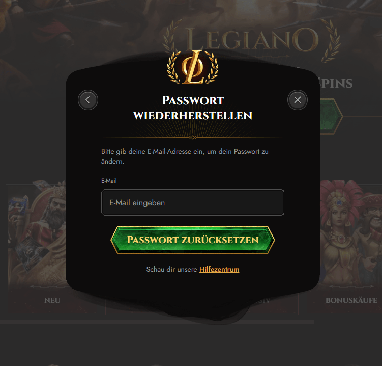 Legiano Casino Passwort Wiederherstellungsformular